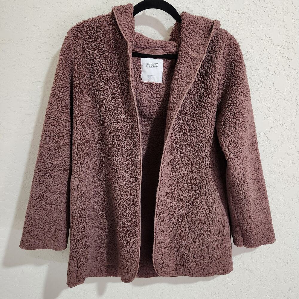 PINK Victoria's Secret Teddy Sherpa Hoodie Mauve Brown Cardigan Jacket XS/S